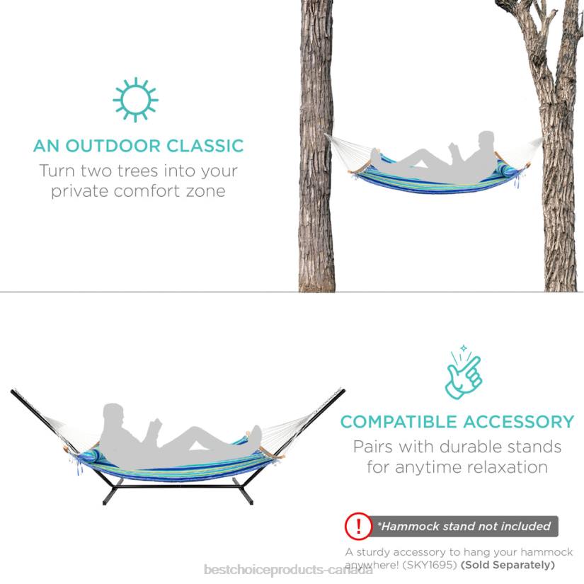 4LT2432 Blue/Green Stripe Best Choice Products 2-Person Quilted Portable Hammock w/ Curved Bamboo Spreader Bar, Carry Bag