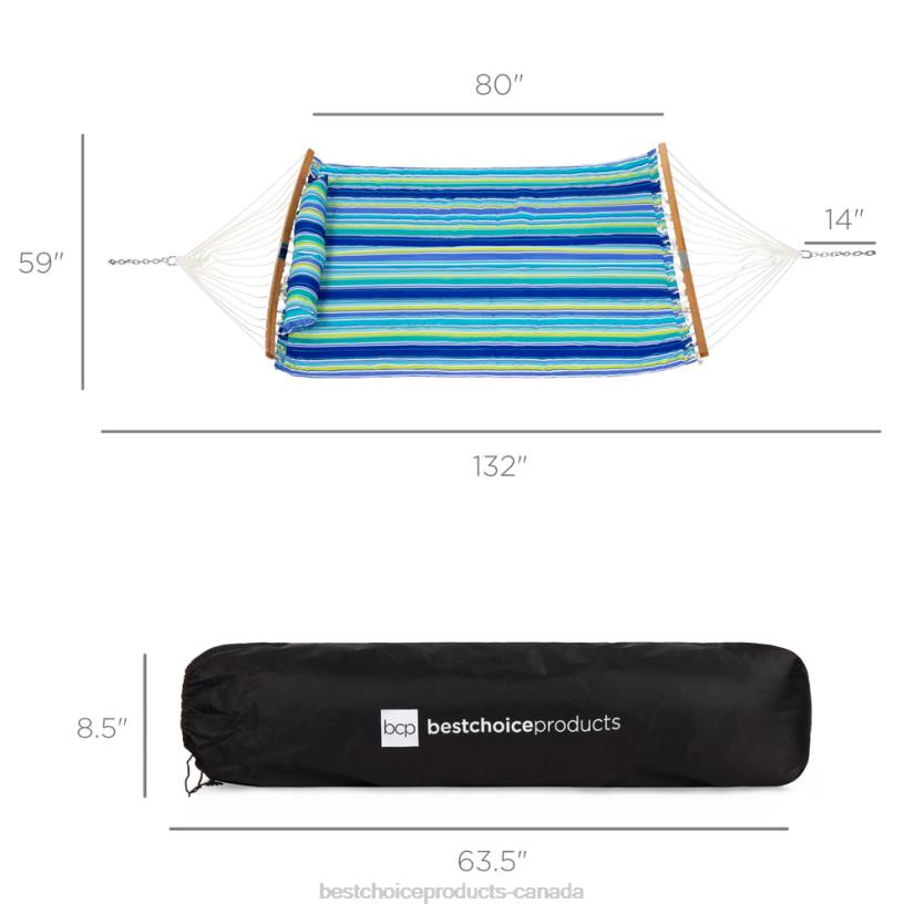 4LT2432 Blue/Green Stripe Best Choice Products 2-Person Quilted Portable Hammock w/ Curved Bamboo Spreader Bar, Carry Bag