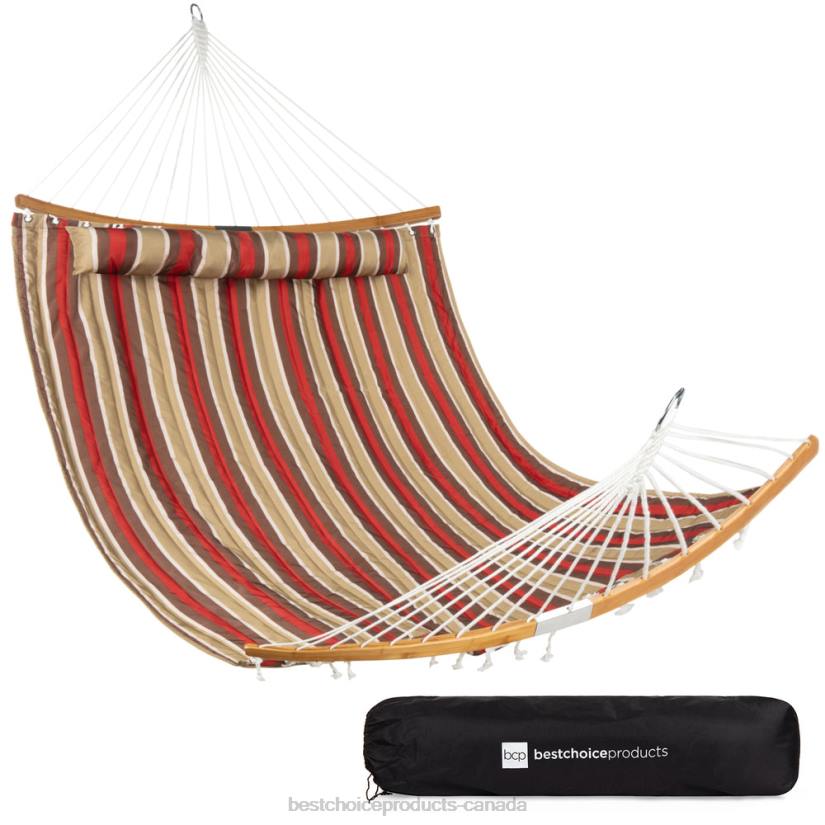 4LT2433 Burgundy/Tan Stripe Best Choice Products 2-Person Quilted Portable Hammock w/ Curved Bamboo Spreader Bar, Carry Bag