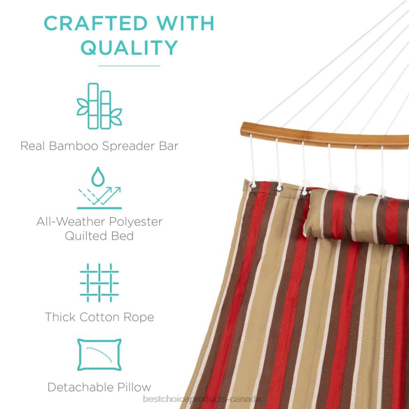 4LT2433 Burgundy/Tan Stripe Best Choice Products 2-Person Quilted Portable Hammock w/ Curved Bamboo Spreader Bar, Carry Bag