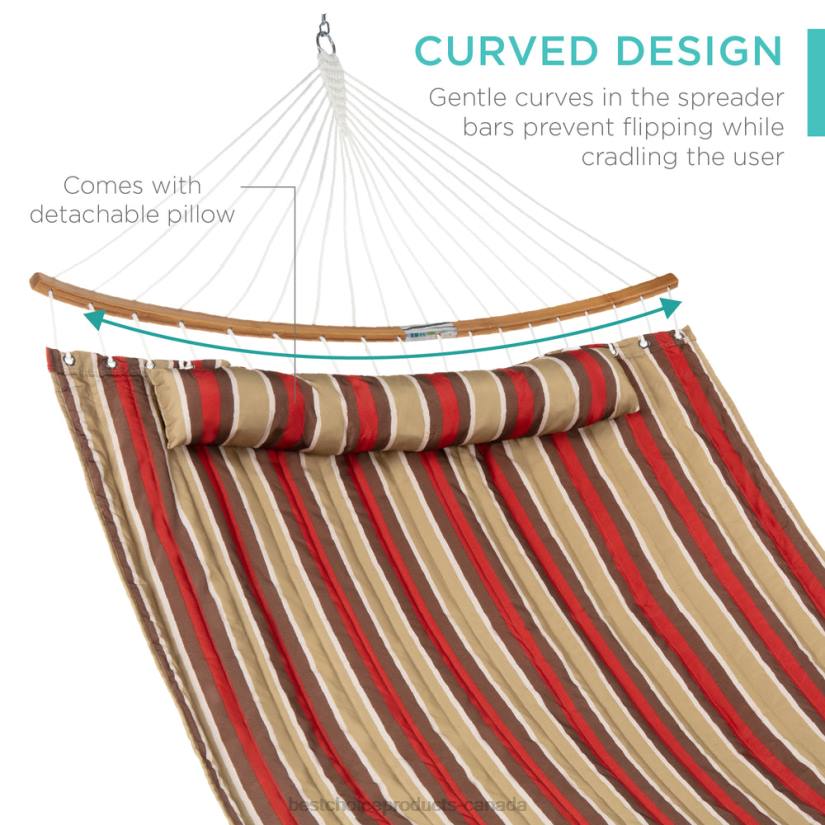 4LT2433 Burgundy/Tan Stripe Best Choice Products 2-Person Quilted Portable Hammock w/ Curved Bamboo Spreader Bar, Carry Bag