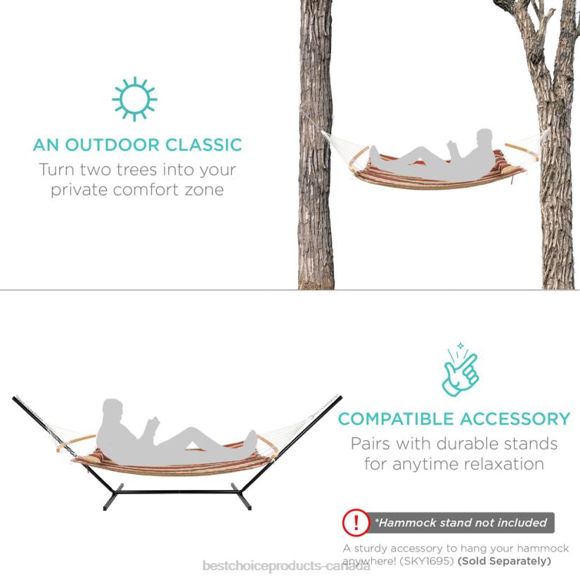 4LT2433 Burgundy/Tan Stripe Best Choice Products 2-Person Quilted Portable Hammock w/ Curved Bamboo Spreader Bar, Carry Bag