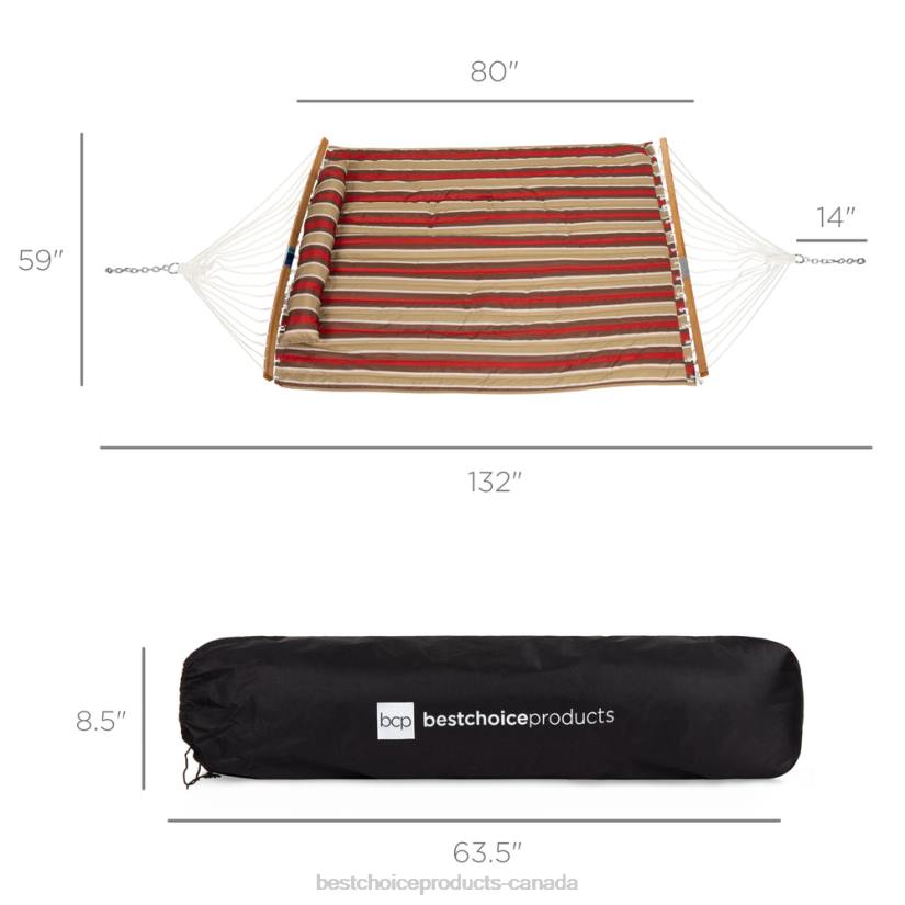 4LT2433 Burgundy/Tan Stripe Best Choice Products 2-Person Quilted Portable Hammock w/ Curved Bamboo Spreader Bar, Carry Bag