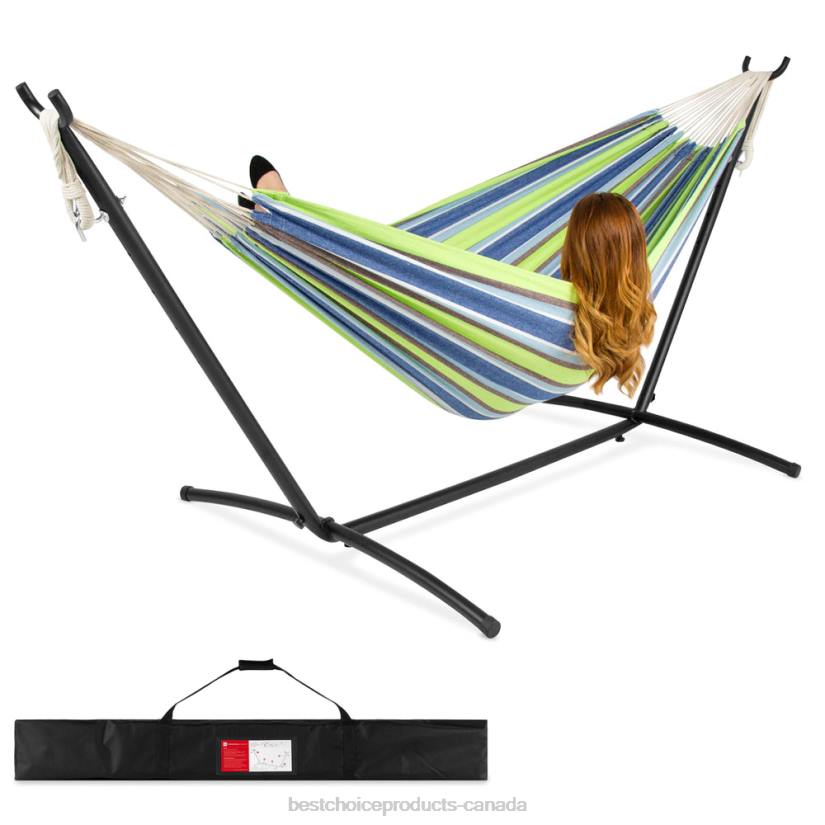 4LT2877 Blue Green Stripe Best Choice Products 2-Person Brazilian-Style Double Hammock w/ Carrying Bag and Steel Stand