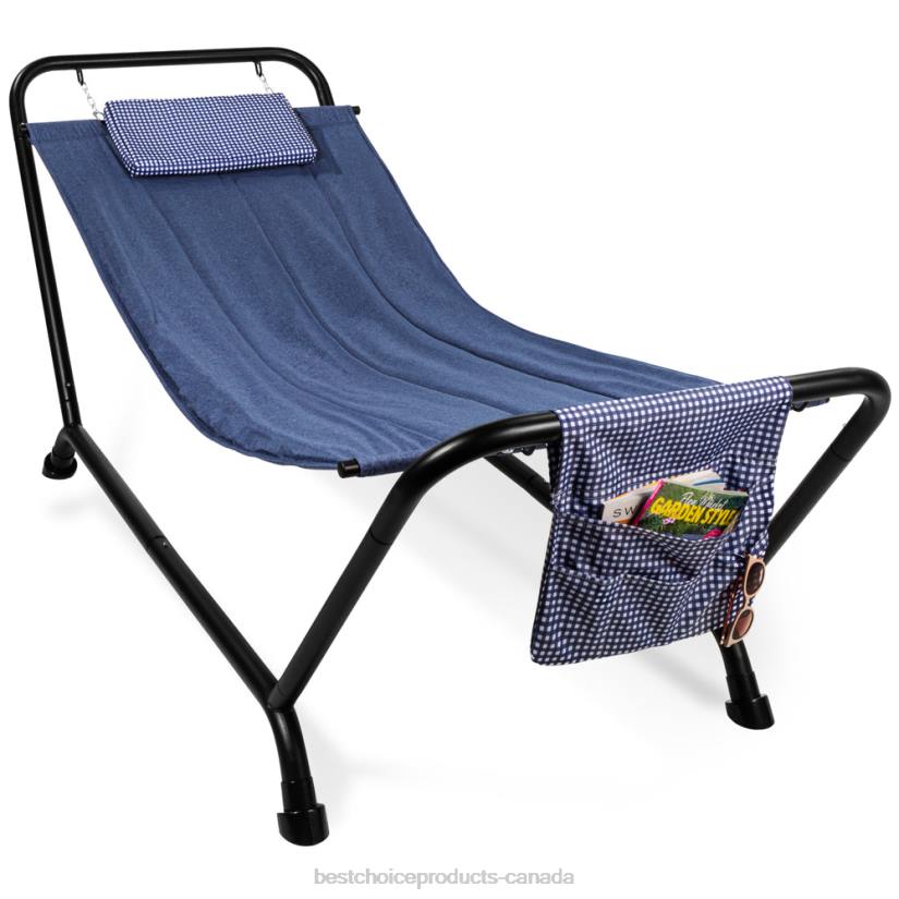 4LT2924 Blue Best Choice Products Outdoor Patio Hammock for Backyard, Garden w/ Stand, Pillow, Storage Pockets