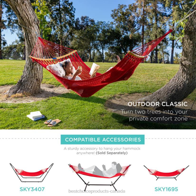 4LT2950 Fire Red Best Choice Products 2-Person Woven Polyester Hammock w/ Curved Bamboo Spreader Bar, Carry Bag