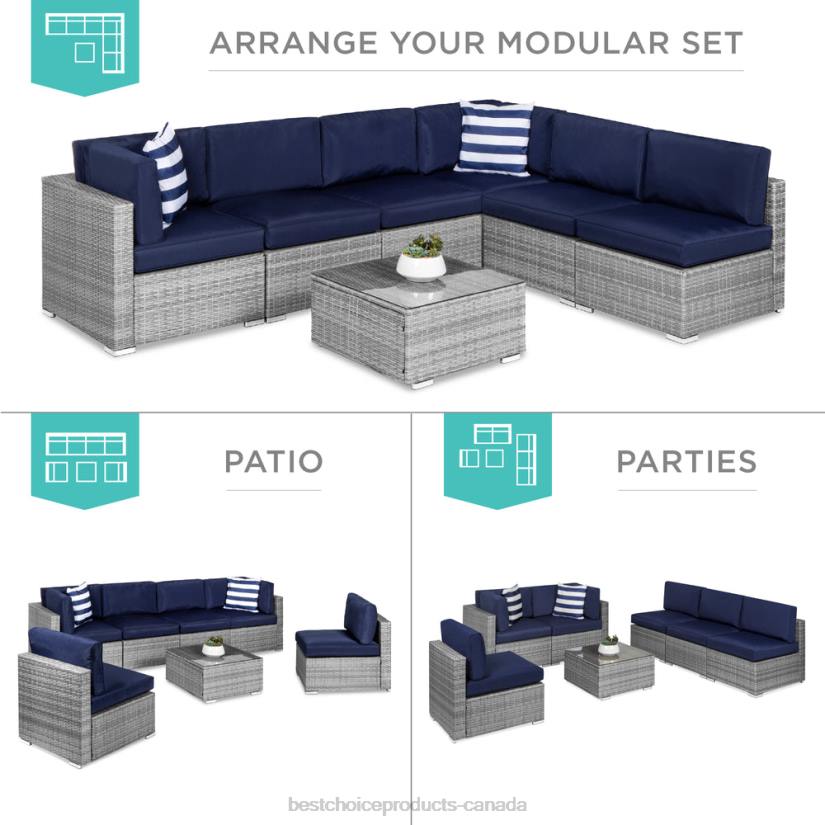 4LT21304 Gray/Navy Best Choice Products 7-Piece Modular Wicker Sectional Conversation Set w/ 2 Pillows, Cover
