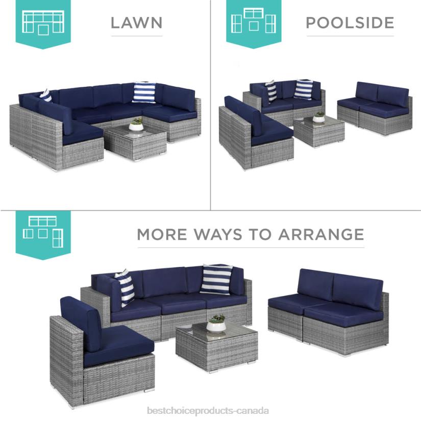 4LT21304 Gray/Navy Best Choice Products 7-Piece Modular Wicker Sectional Conversation Set w/ 2 Pillows, Cover