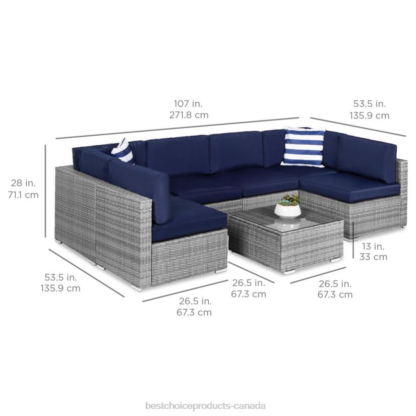 4LT21304 Gray/Navy Best Choice Products 7-Piece Modular Wicker Sectional Conversation Set w/ 2 Pillows, Cover