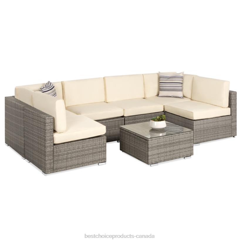 4LT21305 Gray/Cream Best Choice Products 7-Piece Modular Wicker Sectional Conversation Set w/ 2 Pillows, Cover