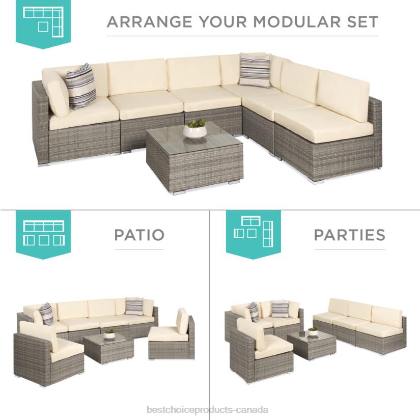 4LT21305 Gray/Cream Best Choice Products 7-Piece Modular Wicker Sectional Conversation Set w/ 2 Pillows, Cover