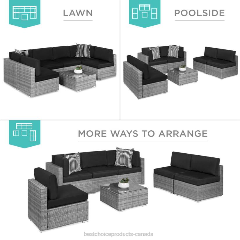 4LT21306 Gray/Black Best Choice Products 7-Piece Modular Wicker Sectional Conversation Set w/ 2 Pillows, Cover