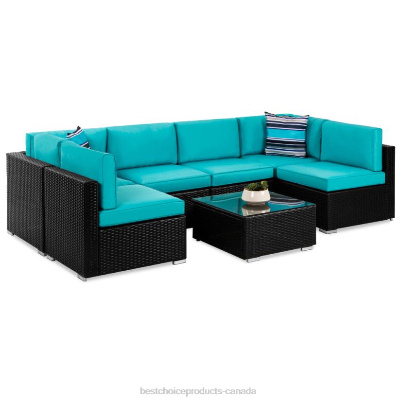 4LT21308 Black/Teal Best Choice Products 7-Piece Modular Wicker Sectional Conversation Set w/ 2 Pillows, Cover