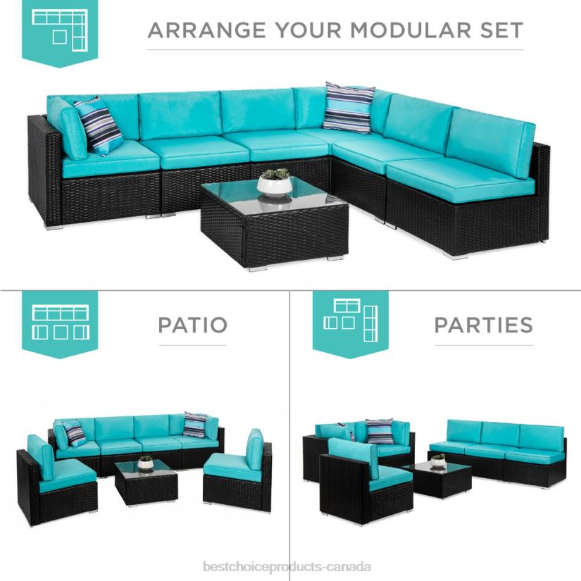 4LT21308 Black/Teal Best Choice Products 7-Piece Modular Wicker Sectional Conversation Set w/ 2 Pillows, Cover
