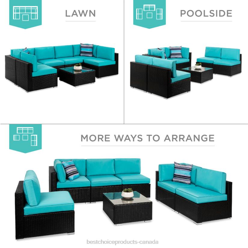 4LT21308 Black/Teal Best Choice Products 7-Piece Modular Wicker Sectional Conversation Set w/ 2 Pillows, Cover