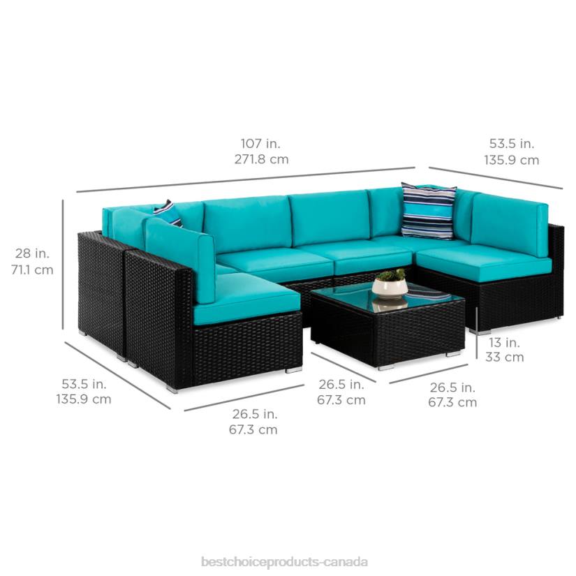 4LT21308 Black/Teal Best Choice Products 7-Piece Modular Wicker Sectional Conversation Set w/ 2 Pillows, Cover