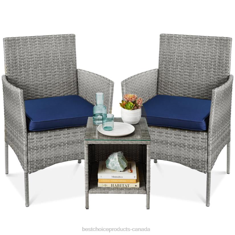 4LT21311 Gray/Navy Best Choice Products 3-Piece Outdoor Patio Wicker Bistro Set w/ Side Storage Table