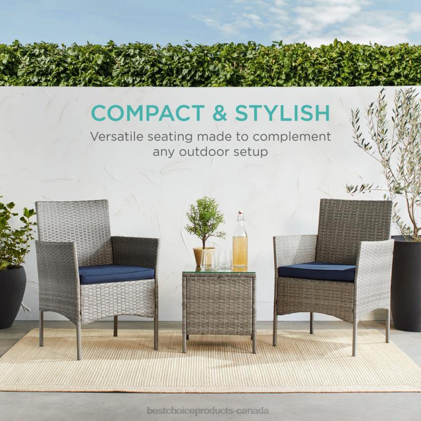 4LT21311 Gray/Navy Best Choice Products 3-Piece Outdoor Patio Wicker Bistro Set w/ Side Storage Table