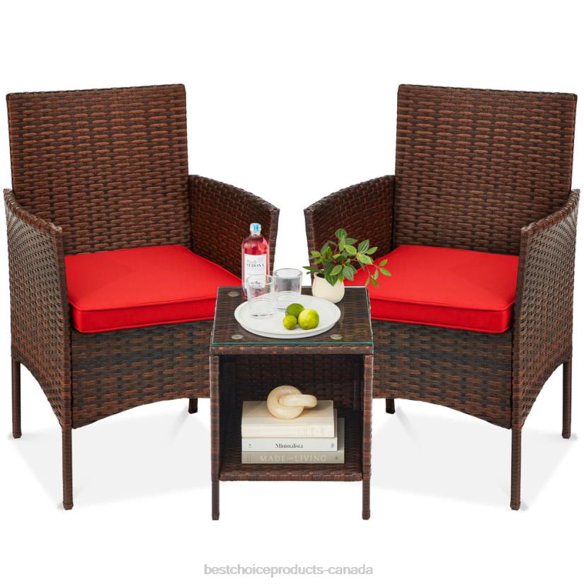 4LT21312 Brown/Red Best Choice Products 3-Piece Outdoor Patio Wicker Bistro Set w/ Side Storage Table