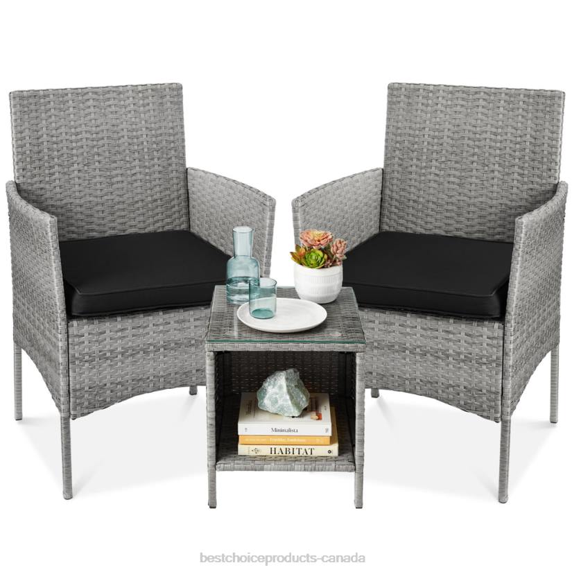 4LT21314 Gray/Black Best Choice Products 3-Piece Outdoor Patio Wicker Bistro Set w/ Side Storage Table