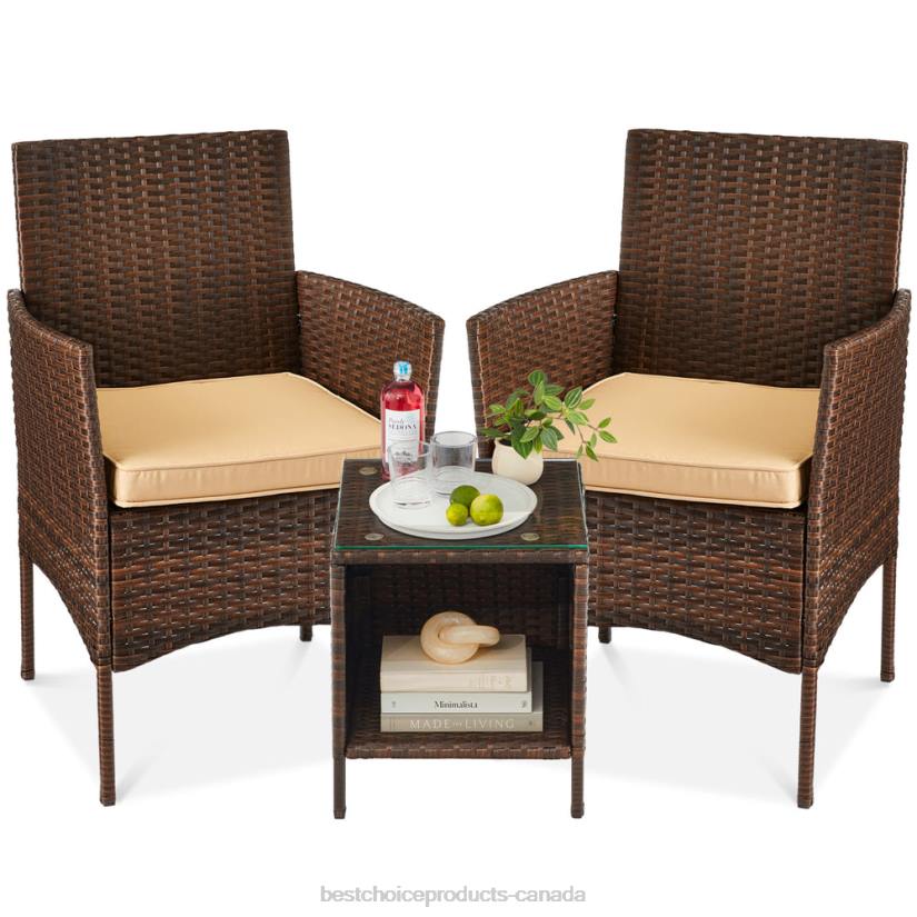 4LT21315 Brown/Tan Best Choice Products 3-Piece Outdoor Patio Wicker Bistro Set w/ Side Storage Table