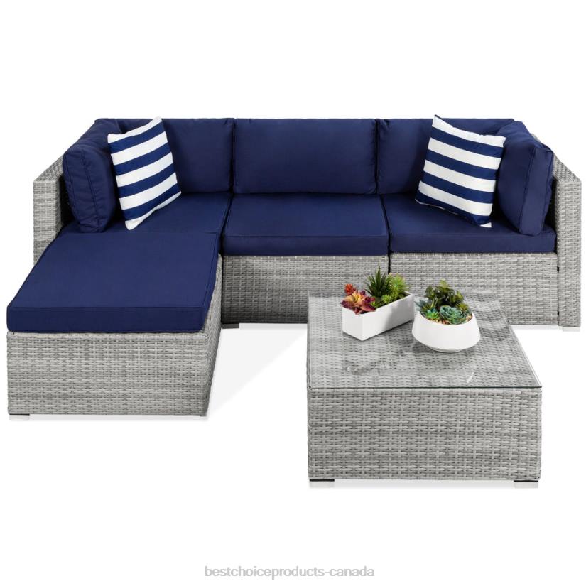 4LT21316 Gray/Navy Best Choice Products 5-Piece Modular Wicker Sectional Conversation Set w/ 2 Pillows, Coffee Table