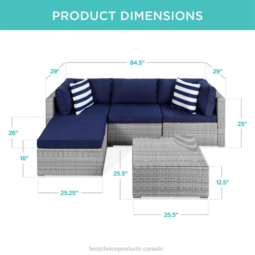 4LT21316 Gray/Navy Best Choice Products 5-Piece Modular Wicker Sectional Conversation Set w/ 2 Pillows, Coffee Table