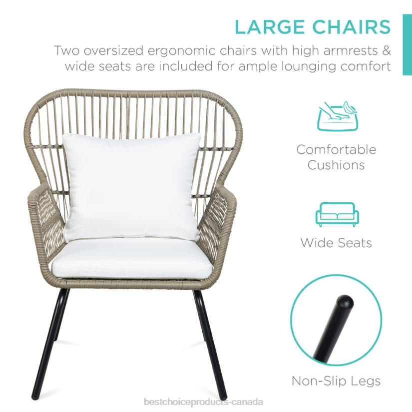 4LT21349 Tan Best Choice Products 3-Piece Patio Wicker Conversation Bistro Set w/ 2 Chairs, Glass Top Table