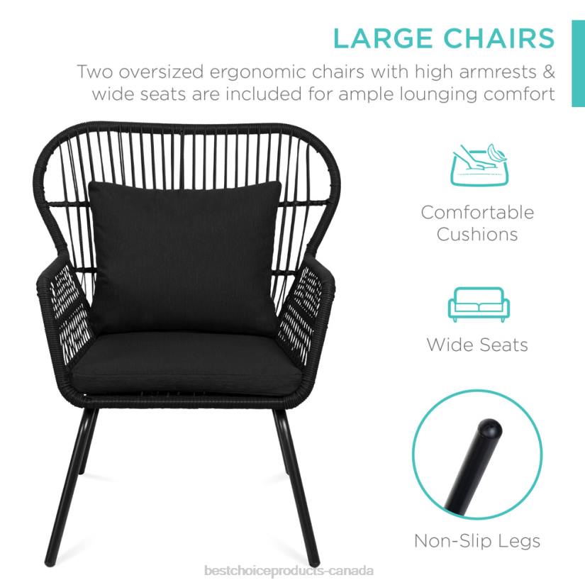 4LT21350 Black Best Choice Products 3-Piece Patio Wicker Conversation Bistro Set w/ 2 Chairs, Glass Top Table