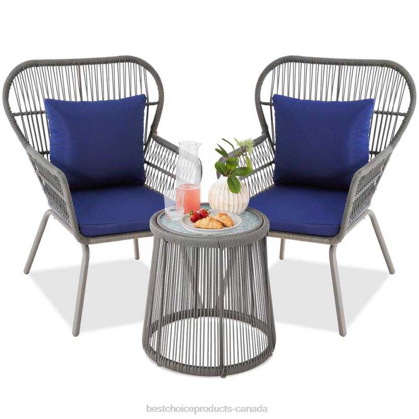4LT21351 Gray/Navy Best Choice Products 3-Piece Patio Wicker Conversation Bistro Set w/ 2 Chairs, Glass Top Table