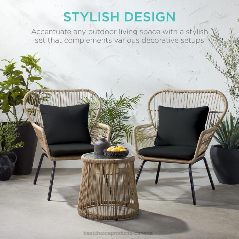 4LT21352 Natural/Black Best Choice Products 3-Piece Patio Wicker Conversation Bistro Set w/ 2 Chairs, Glass Top Table