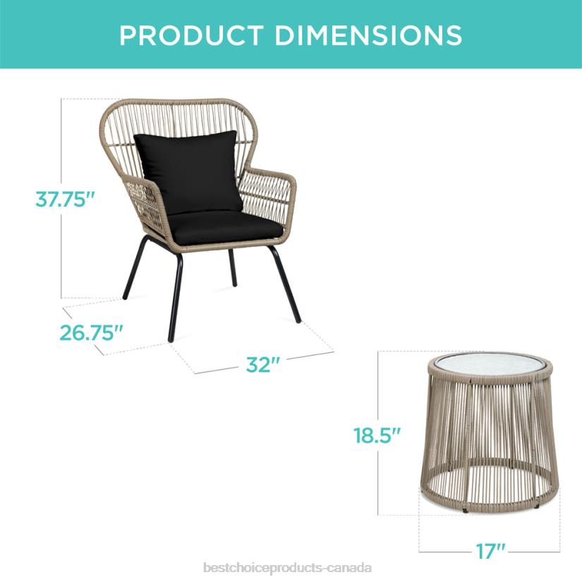 4LT21352 Natural/Black Best Choice Products 3-Piece Patio Wicker Conversation Bistro Set w/ 2 Chairs, Glass Top Table