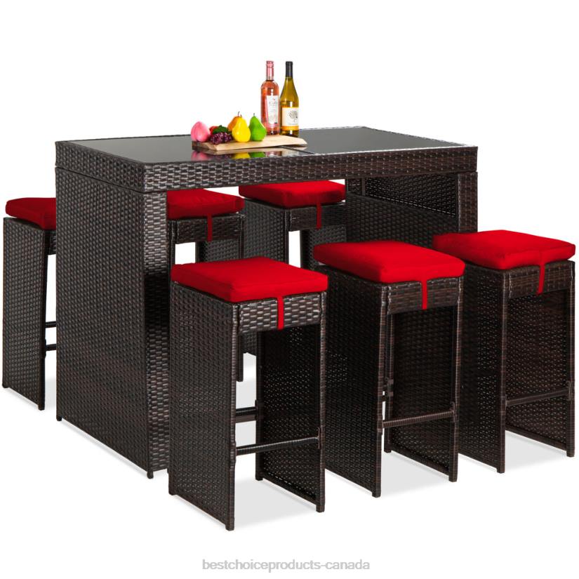 4LT21391 Red Best Choice Products 7-Piece Wicker Bar Patio Dining Set w/ Glass Table Top, 6 Stools