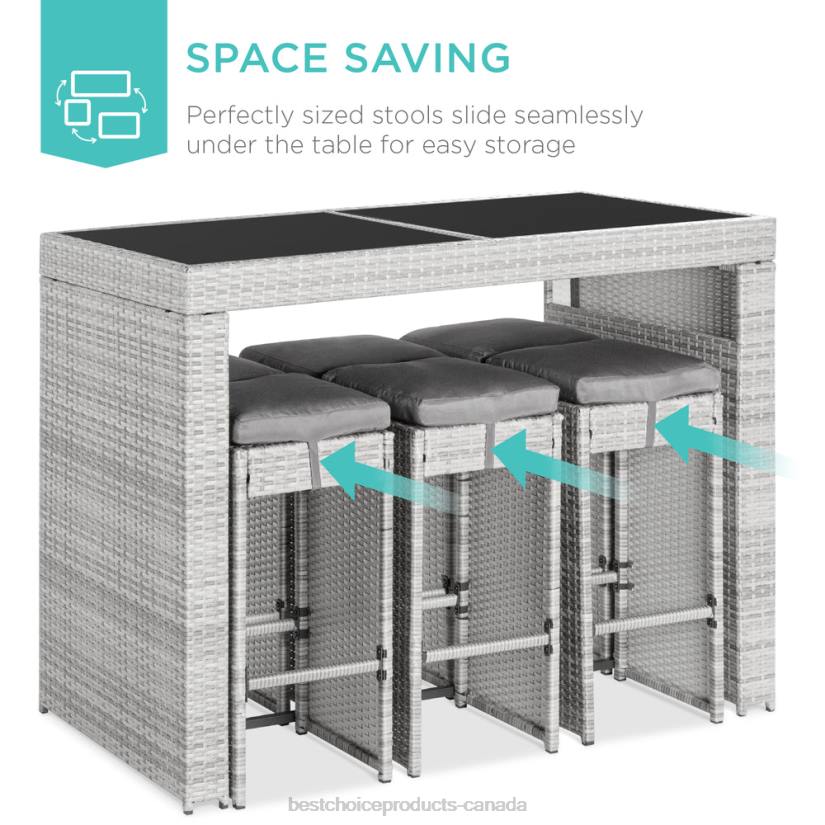4LT21392 Gray Best Choice Products 7-Piece Wicker Bar Patio Dining Set w/ Glass Table Top, 6 Stools