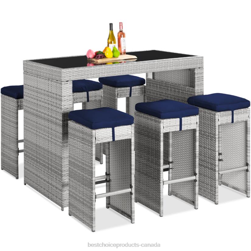 4LT21393 Navy Best Choice Products 7-Piece Wicker Bar Patio Dining Set w/ Glass Table Top, 6 Stools