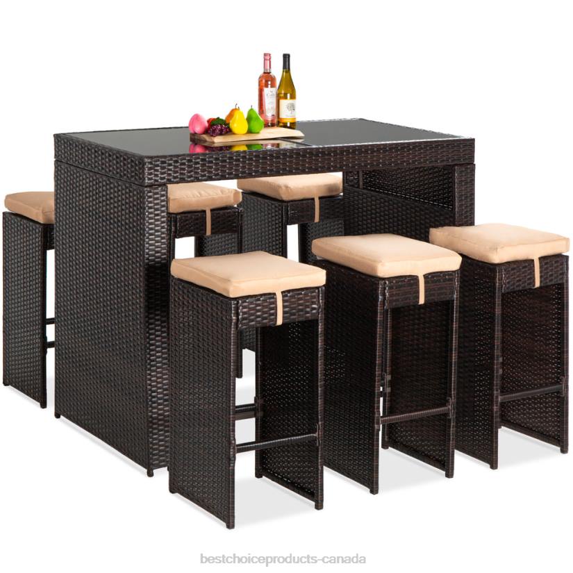 4LT21394 Brown Best Choice Products 7-Piece Wicker Bar Patio Dining Set w/ Glass Table Top, 6 Stools