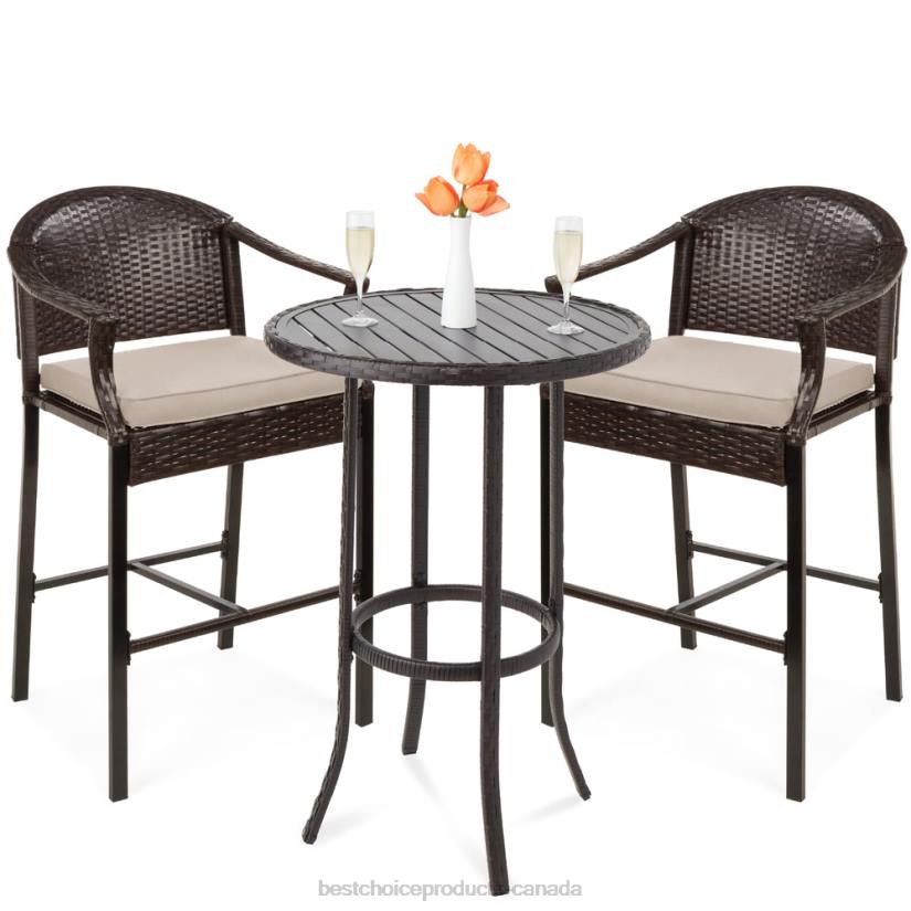 4LT21396 Beige Best Choice Products 3-Piece Outdoor Bistro Wicker Table Bar Set w/ Bar Stools, Footrests
