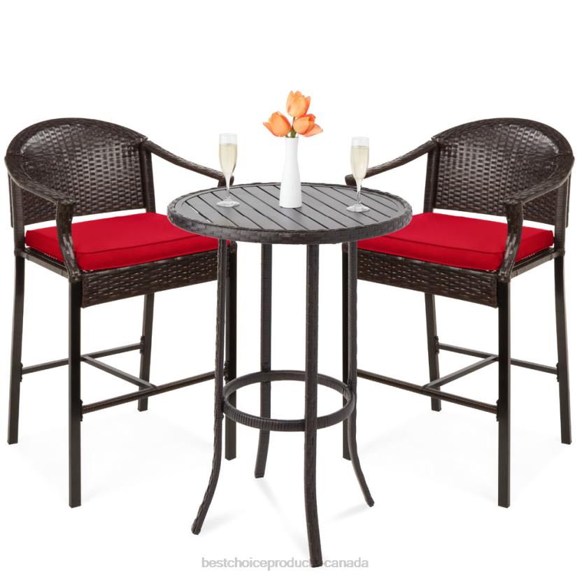 4LT21397 Red Best Choice Products 3-Piece Outdoor Bistro Wicker Table Bar Set w/ Bar Stools, Footrests