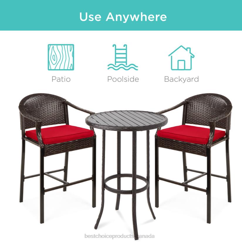 4LT21397 Red Best Choice Products 3-Piece Outdoor Bistro Wicker Table Bar Set w/ Bar Stools, Footrests