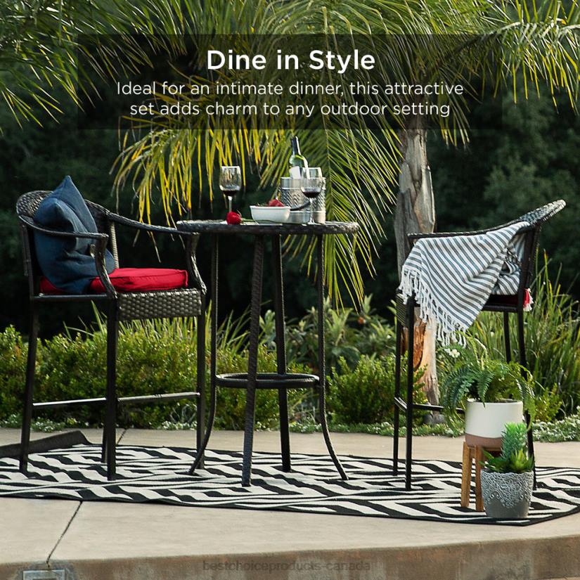 4LT21397 Red Best Choice Products 3-Piece Outdoor Bistro Wicker Table Bar Set w/ Bar Stools, Footrests