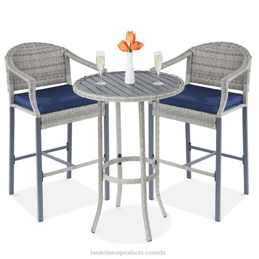 4LT21398 Gray/Blue Best Choice Products 3-Piece Outdoor Bistro Wicker Table Bar Set w/ Bar Stools, Footrests