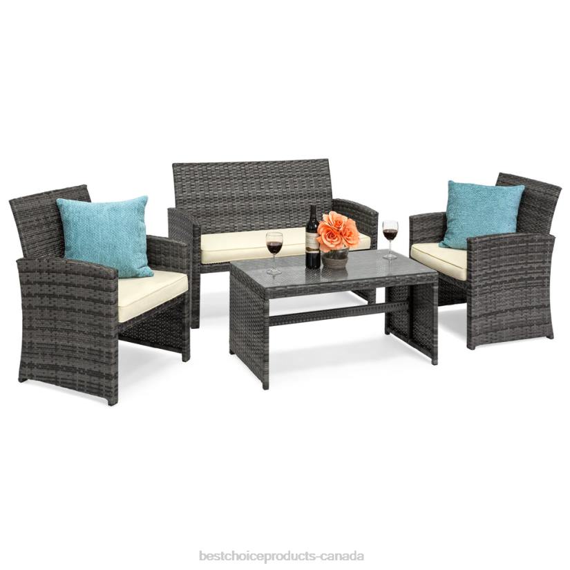 4LT21399 Gray/Cream Best Choice Products 4-Piece Outdoor Wicker Conversation Patio Set w/ 4 Seats, Glass Table Top