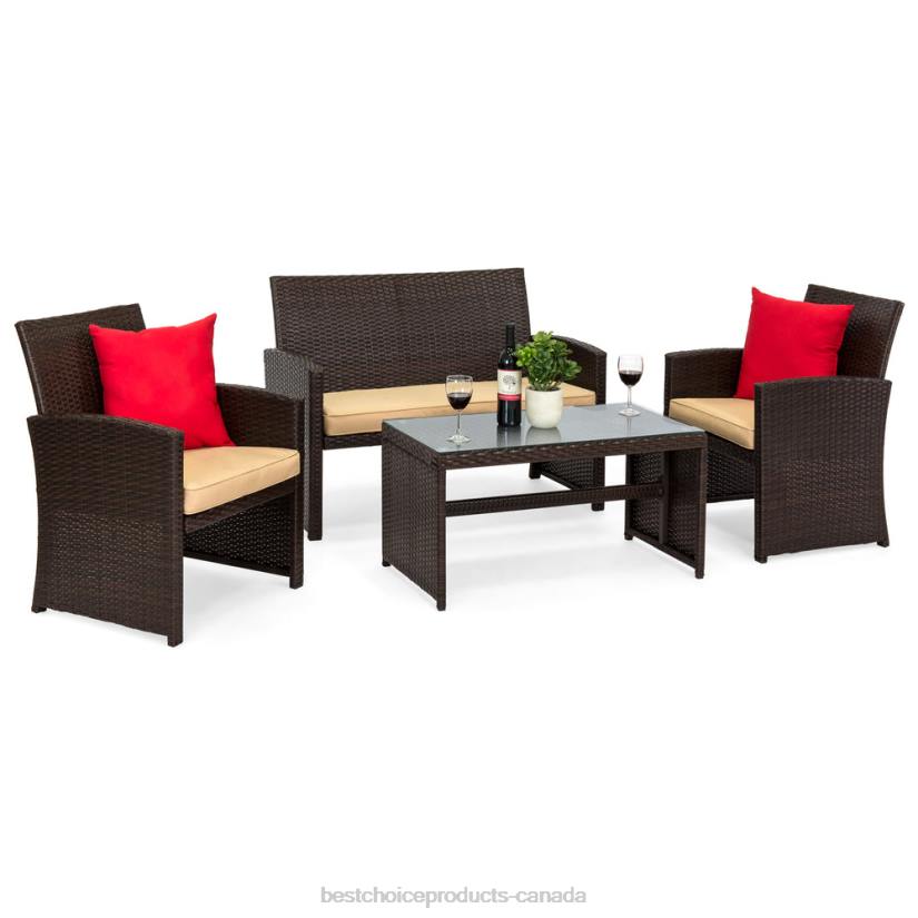 4LT21400 Brown/Beige Best Choice Products 4-Piece Outdoor Wicker Conversation Patio Set w/ 4 Seats, Glass Table Top