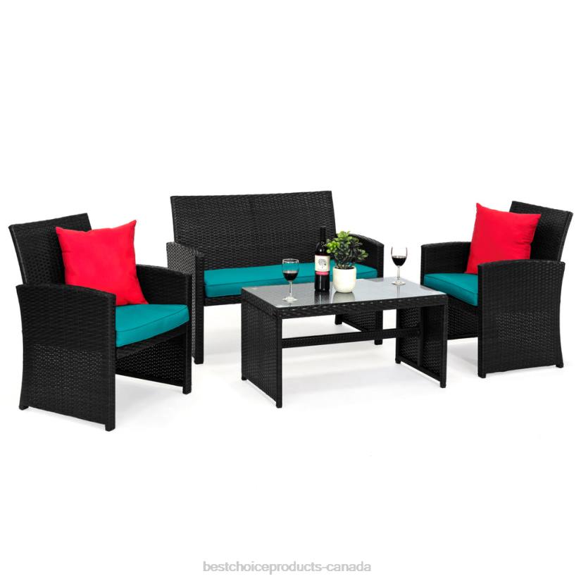 4LT21401 Black/Teal Best Choice Products 4-Piece Outdoor Wicker Conversation Patio Set w/ 4 Seats, Glass Table Top