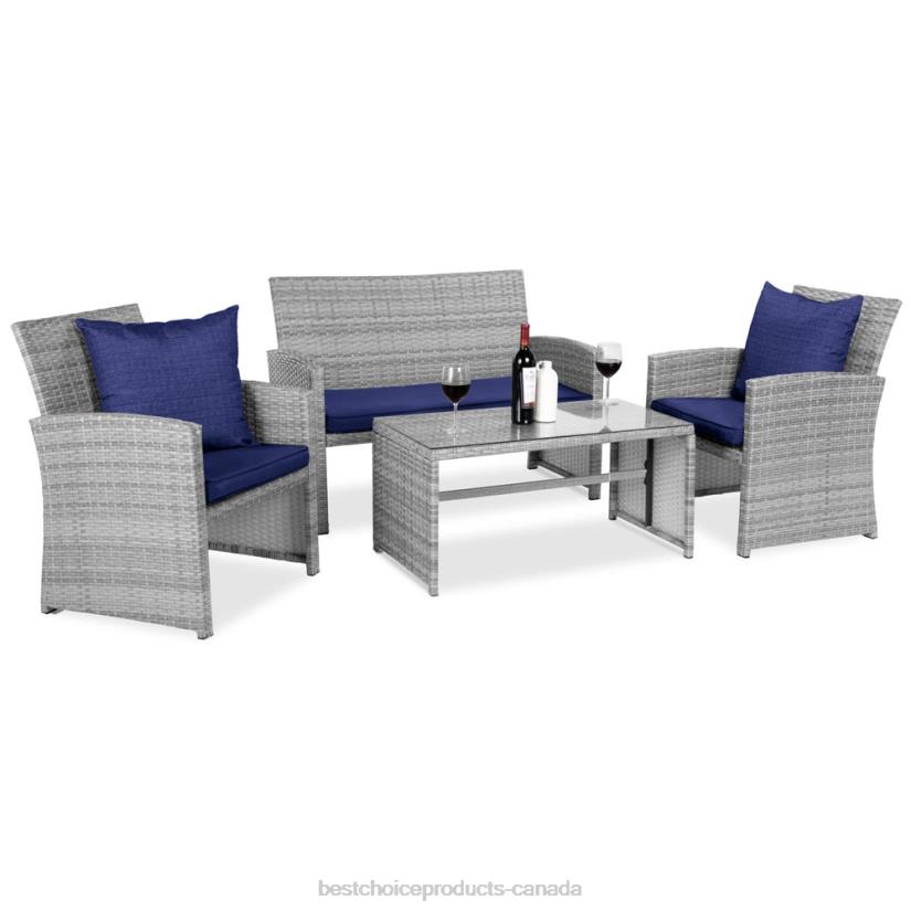4LT21402 Gray/Navy Best Choice Products 4-Piece Outdoor Wicker Conversation Patio Set w/ 4 Seats, Glass Table Top