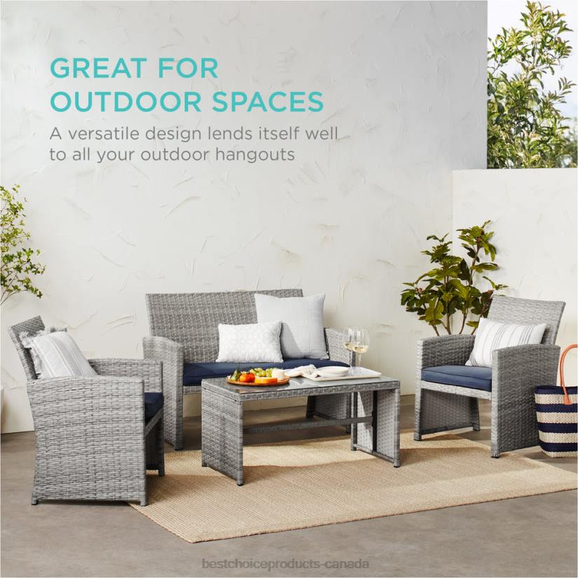 4LT21402 Gray/Navy Best Choice Products 4-Piece Outdoor Wicker Conversation Patio Set w/ 4 Seats, Glass Table Top