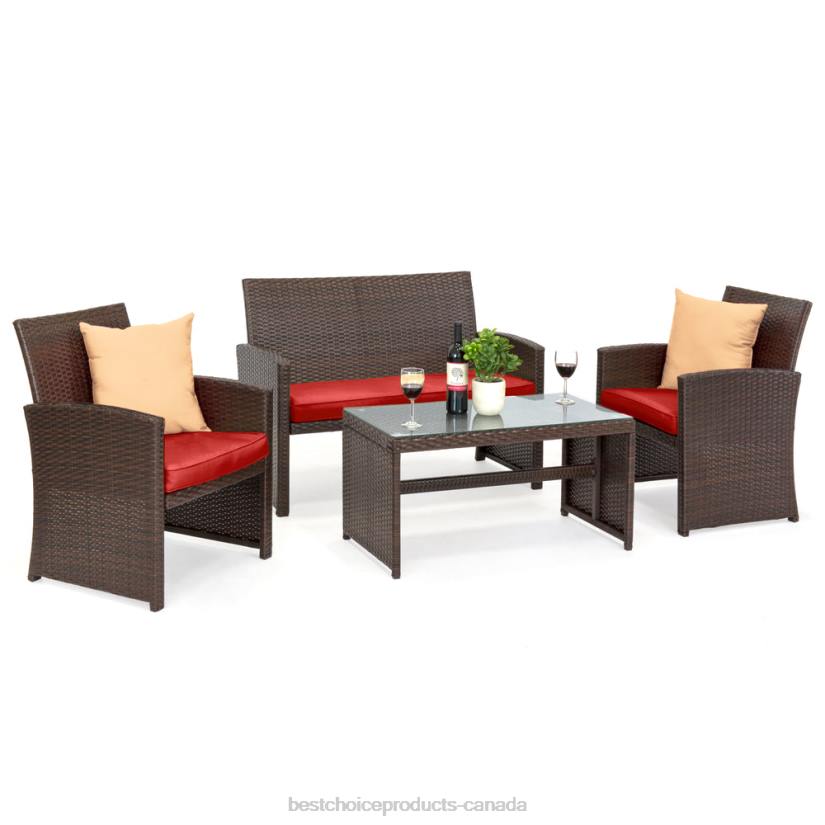 4LT21403 Brown/Red Best Choice Products 4-Piece Outdoor Wicker Conversation Patio Set w/ 4 Seats, Glass Table Top