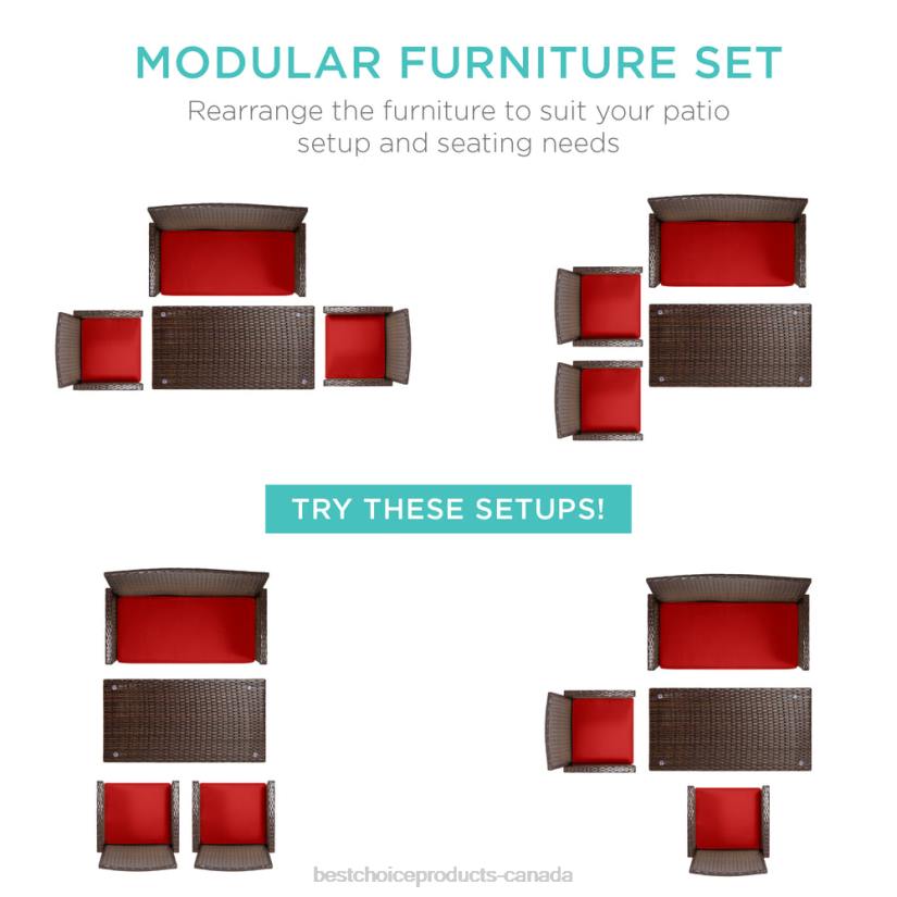 4LT21403 Brown/Red Best Choice Products 4-Piece Outdoor Wicker Conversation Patio Set w/ 4 Seats, Glass Table Top