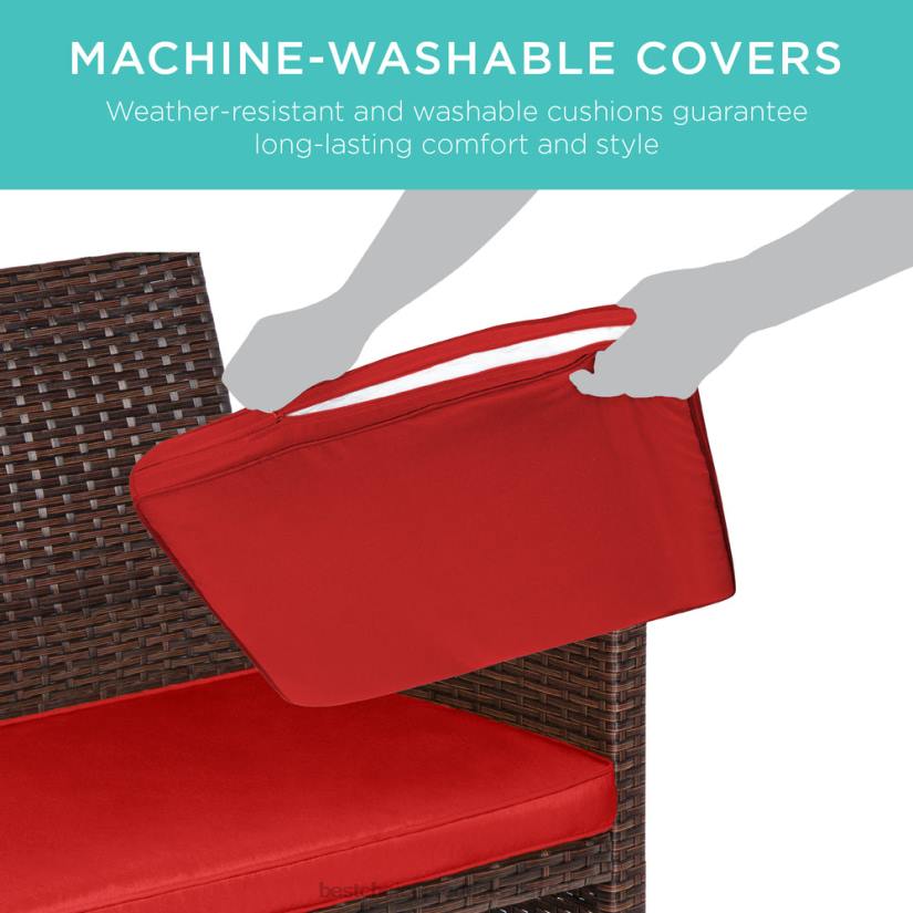 4LT21403 Brown/Red Best Choice Products 4-Piece Outdoor Wicker Conversation Patio Set w/ 4 Seats, Glass Table Top