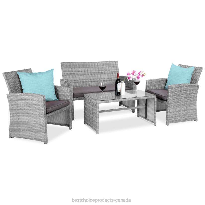 4LT21404 Gray Best Choice Products 4-Piece Outdoor Wicker Conversation Patio Set w/ 4 Seats, Glass Table Top